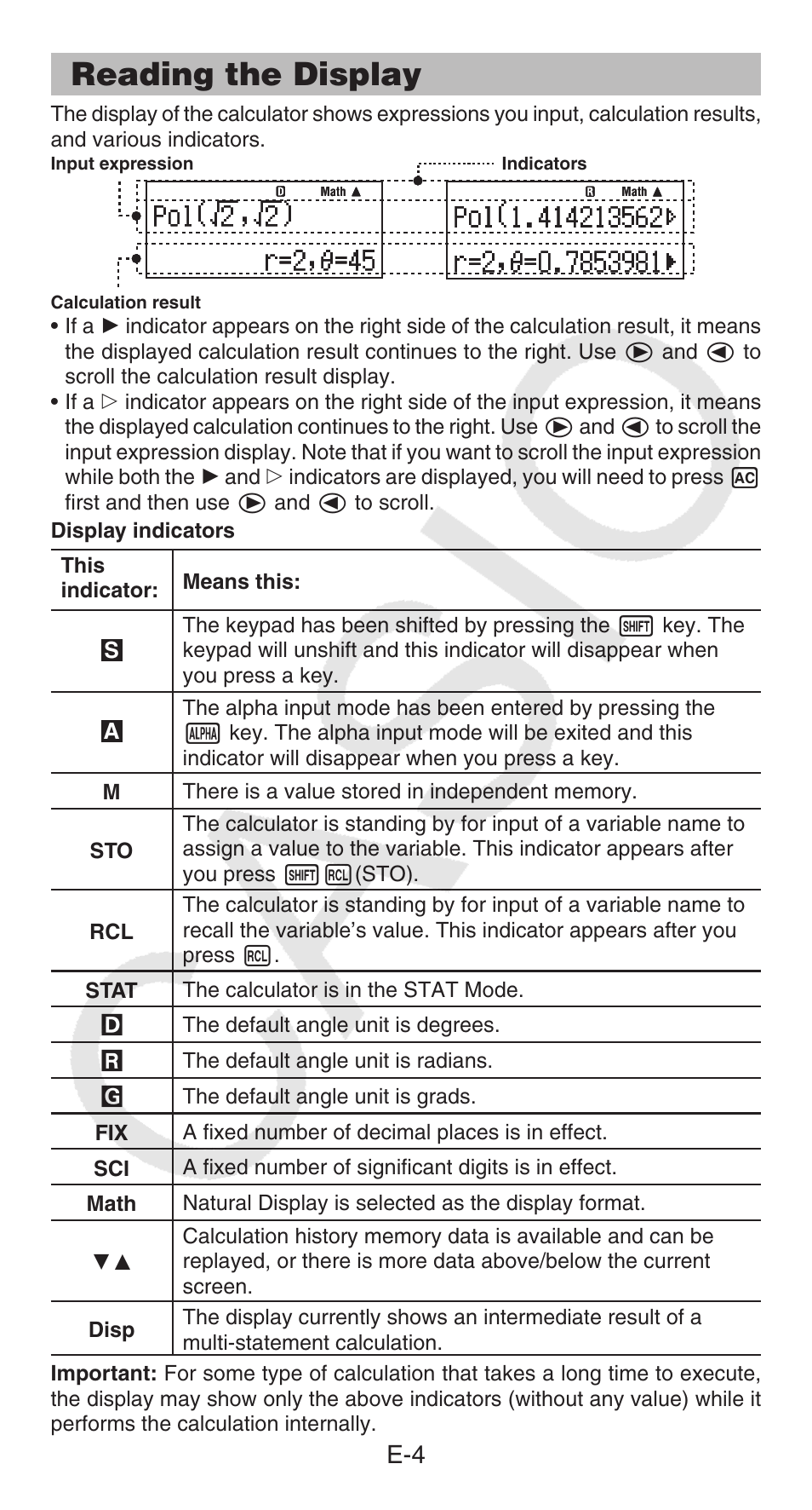 Reading the display | Casio FX-95ES PLUS EN User Manual | Page 5 / 32 |  Original mode