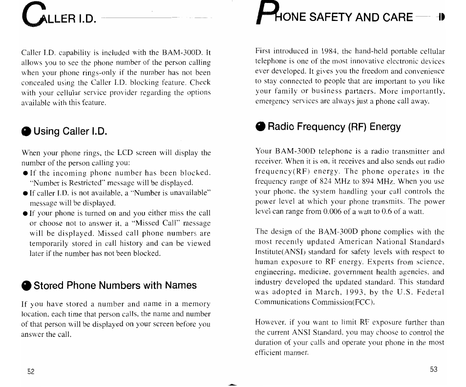 Using caller , Stored phone numbers with names, 9 radio frequency (rf)  energy | Bell Sports BAM-300D User Manual | Page 27 / 32 | Original mode