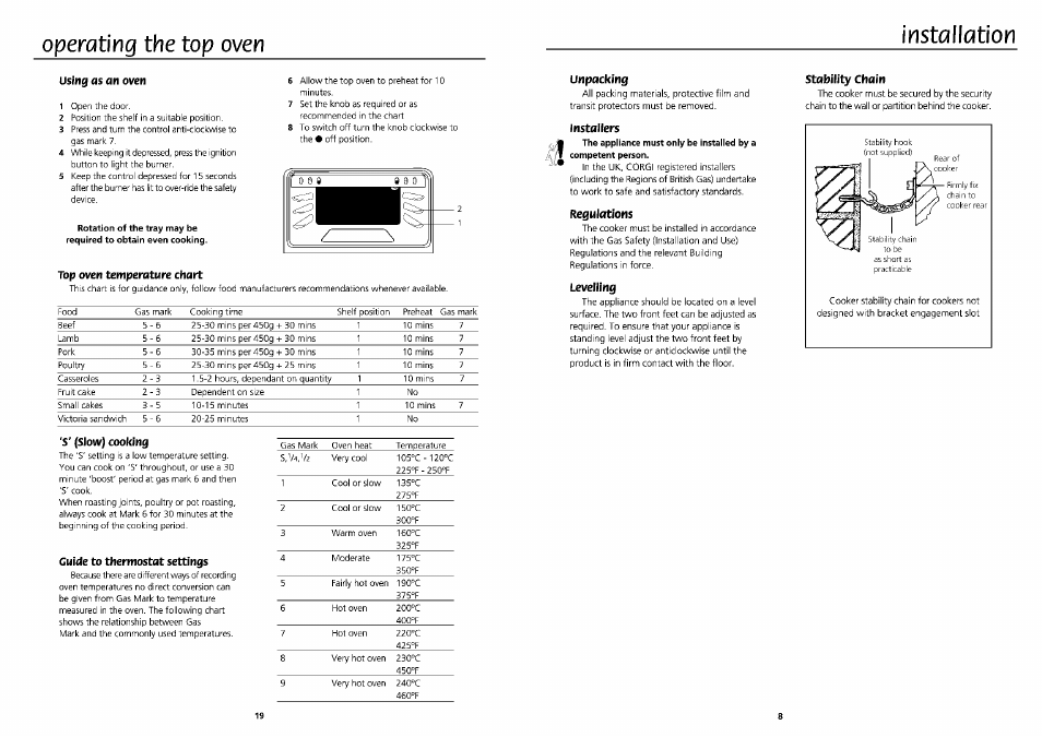 Using as an oven, Top oven temperature chart, Installers | Beko DVG 695  User Manual | Page 8 / 13 | Original mode