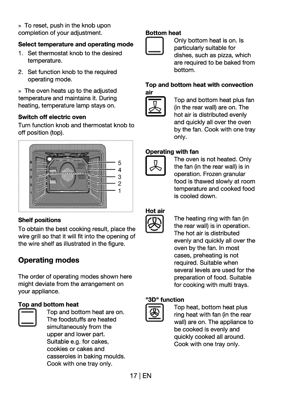 Select temperature and operating mode, Switch off electric oven, Bottom  heat | Beko OIM 22301 X User Manual | Page 17 / 75