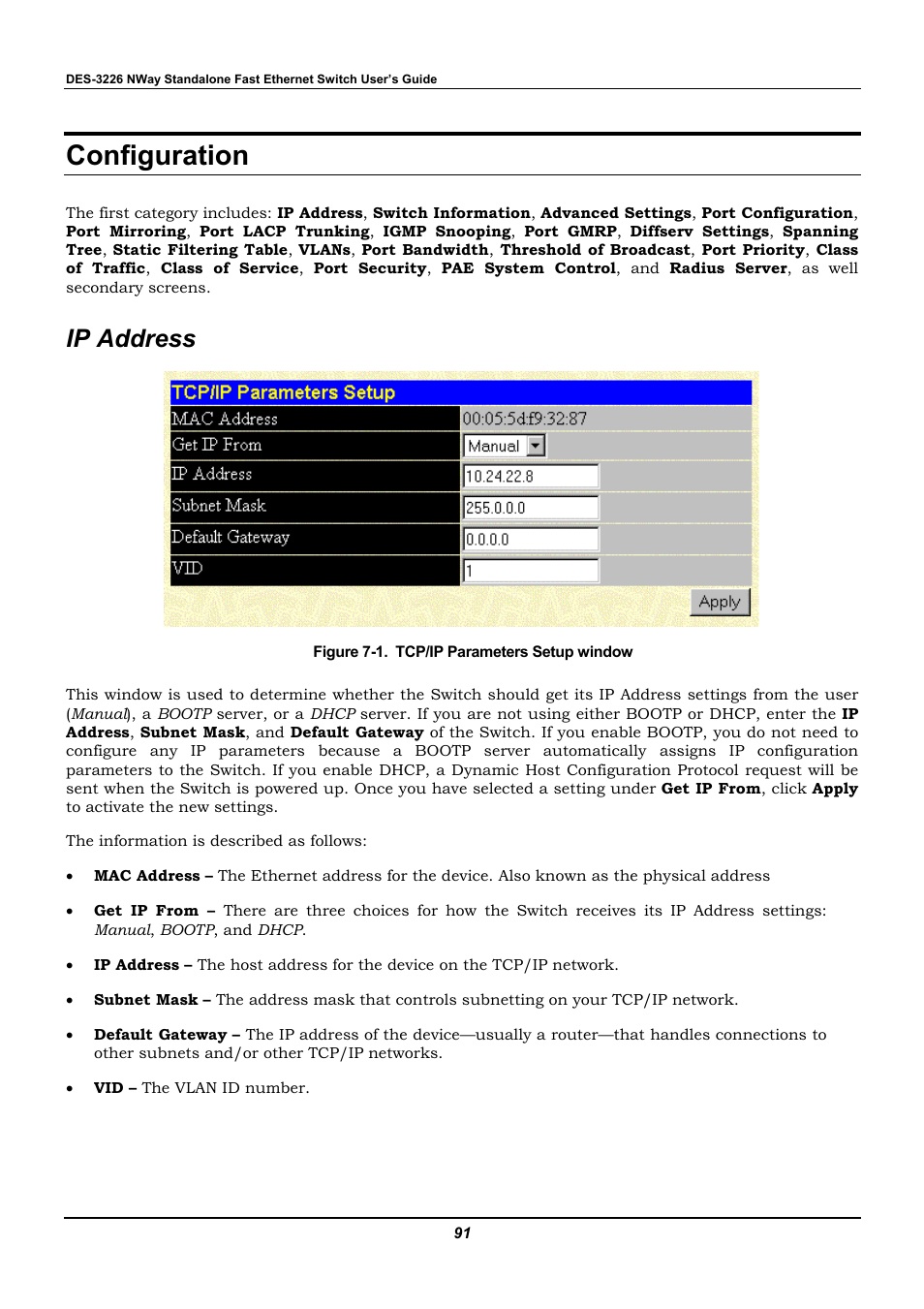 Configuration, Ip address | D-Link DES-3226 User Manual | Page 101 / 179