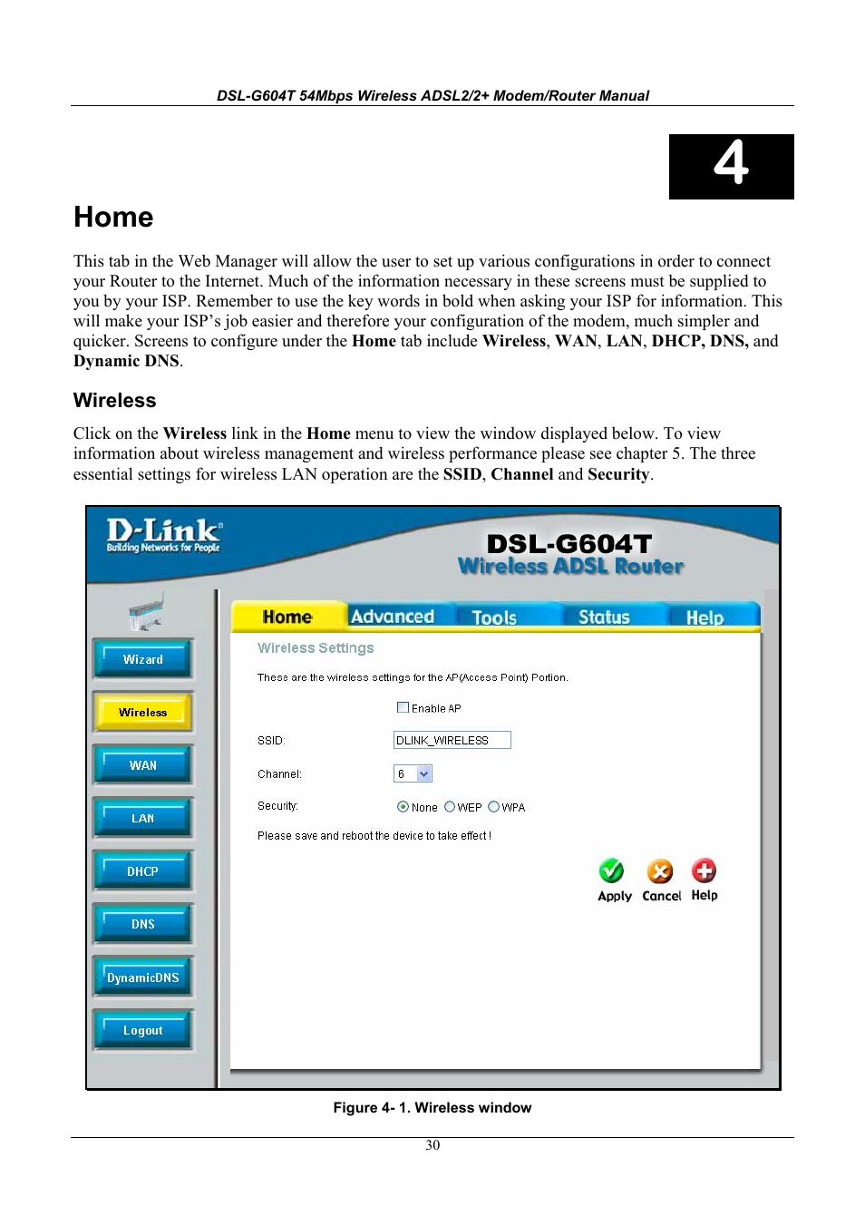 Home | D-Link WIRELESSADSLROUTER DSL-G604T User Manual | Page 30 / 92