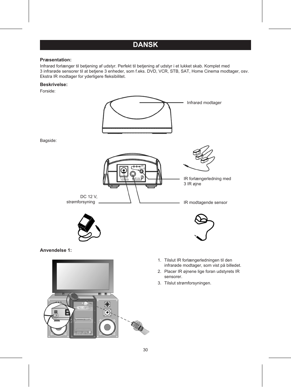 Dansk, Brugervejledning (p. 30), Ir forlænger | Konig Electronic IR remote  control extender User Manual | Page 30 / 35