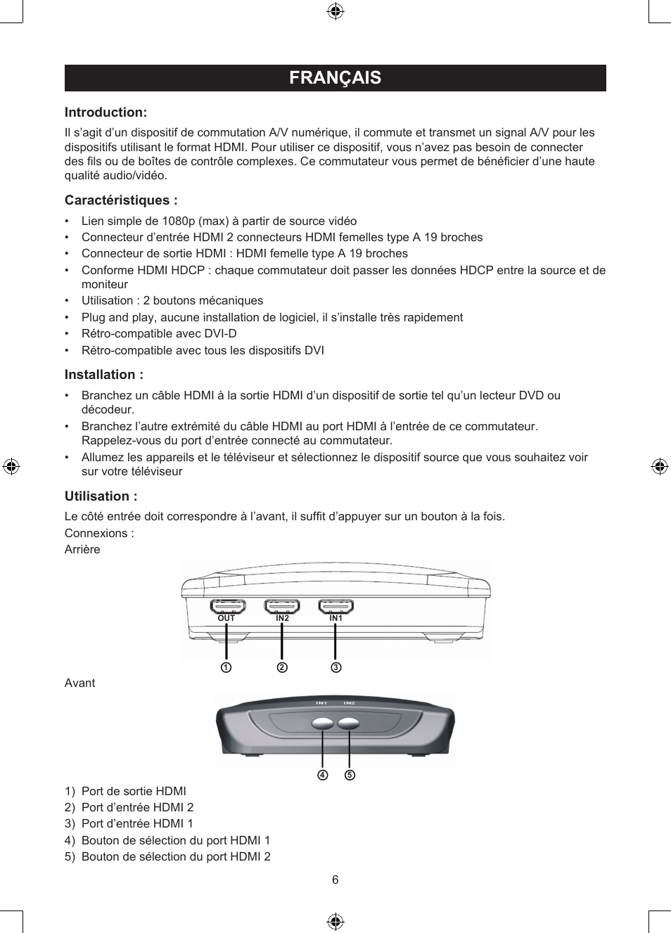 Français, Mode d'emploi (p. 6), Commutateur hdmi 2 ports manuel | Konig  Electronic 2 port HDMI switch User Manual | Page 6 / 29 | Original mode
