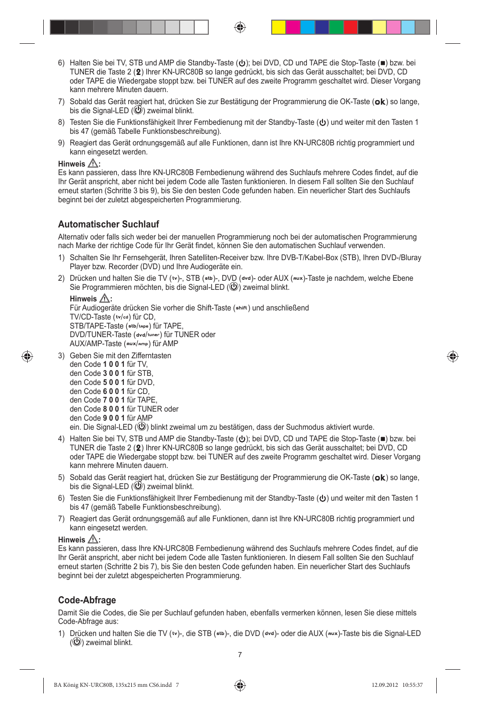 Automatischer suchlauf, Code-abfrage | Konig Electronic 8:1 universal remote  control User Manual | Page 7 / 112 | Original mode