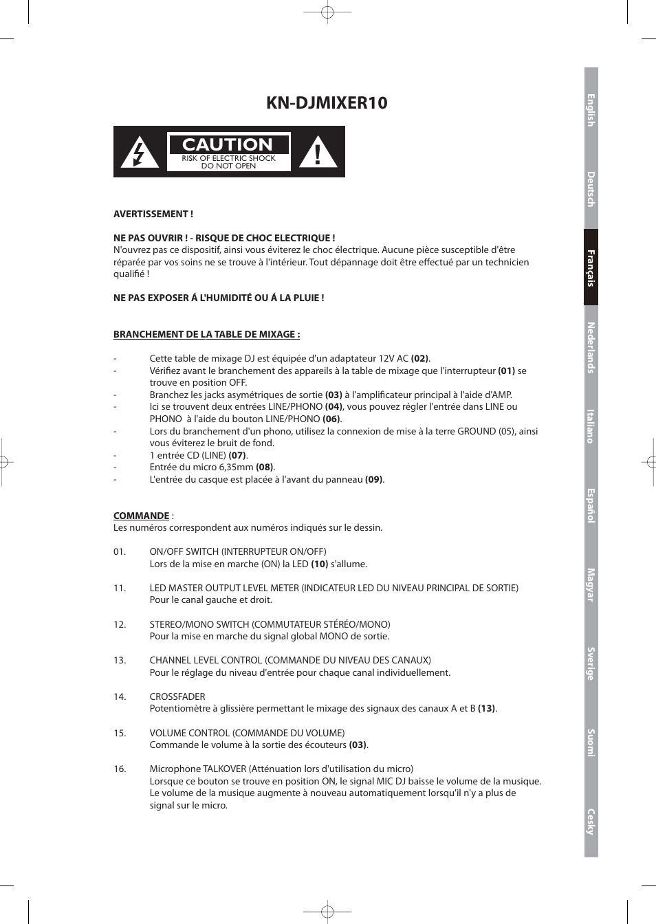 Kn-djmixer10, Caution | Konig Electronic 3-channel DJ mixer User Manual |  Page 7 / 22 | Original mode