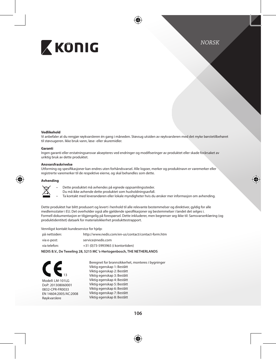 Norsk | Konig Electronic Duo-pack wireless interconnectable smoke alarm  User Manual | Page 106 / 176