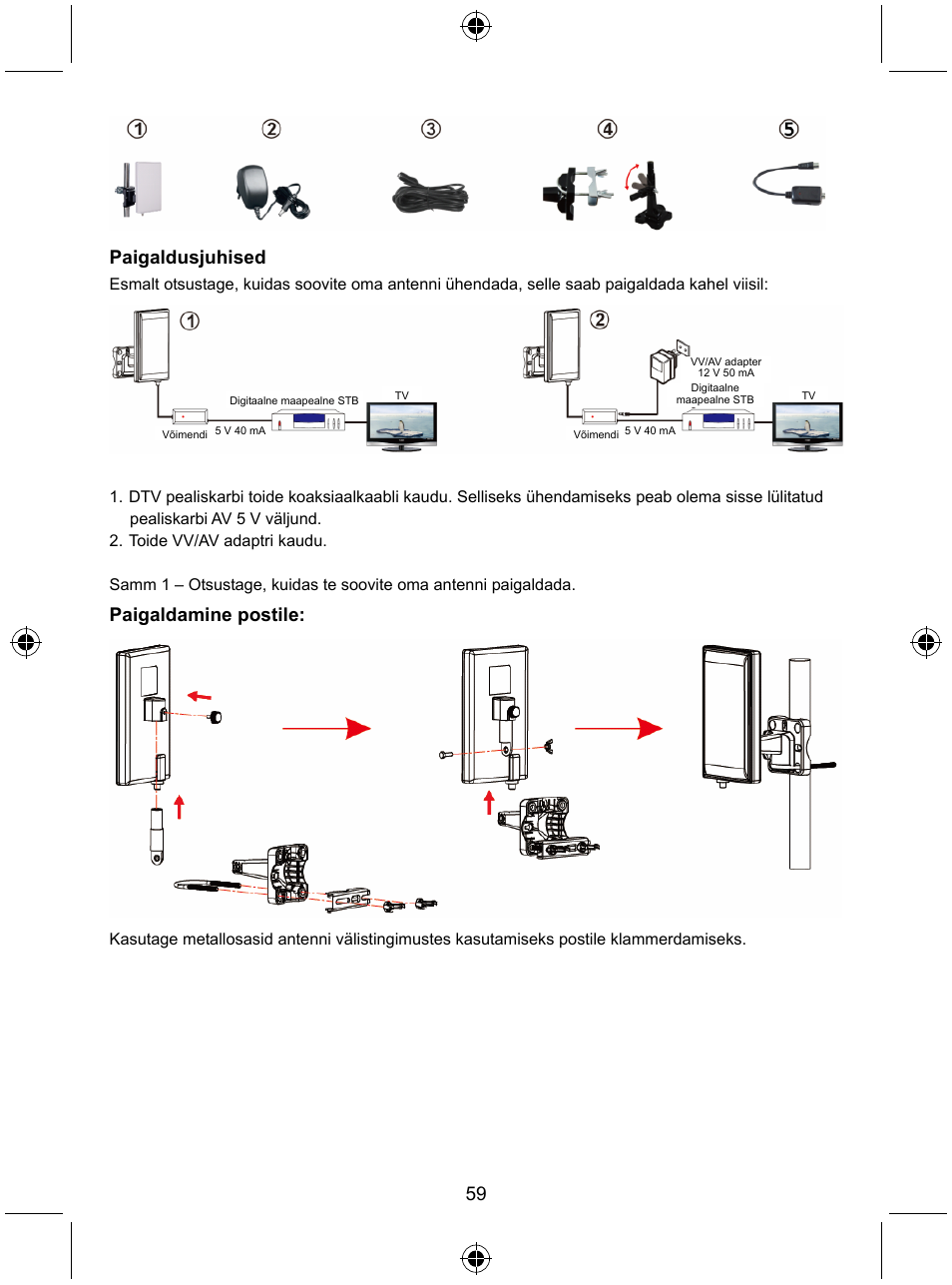 Paigaldusjuhised, Paigaldamine postile | Konig Electronic Universal DVB-T  antenna for indoor and outdoor use 28dB UHF User Manual | Page 59 / 71 |  Original mode