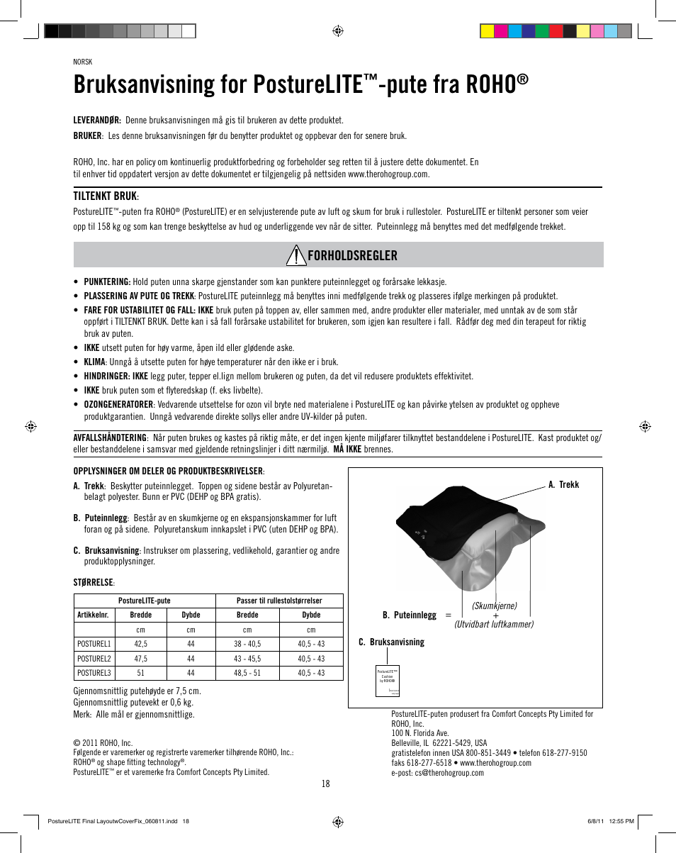 Bruksanvisning for posturelite, Pute fra roho, Forholdsregler | ROHO  PostureLit cushion User Manual | Page 20 / 28 | Original mode
