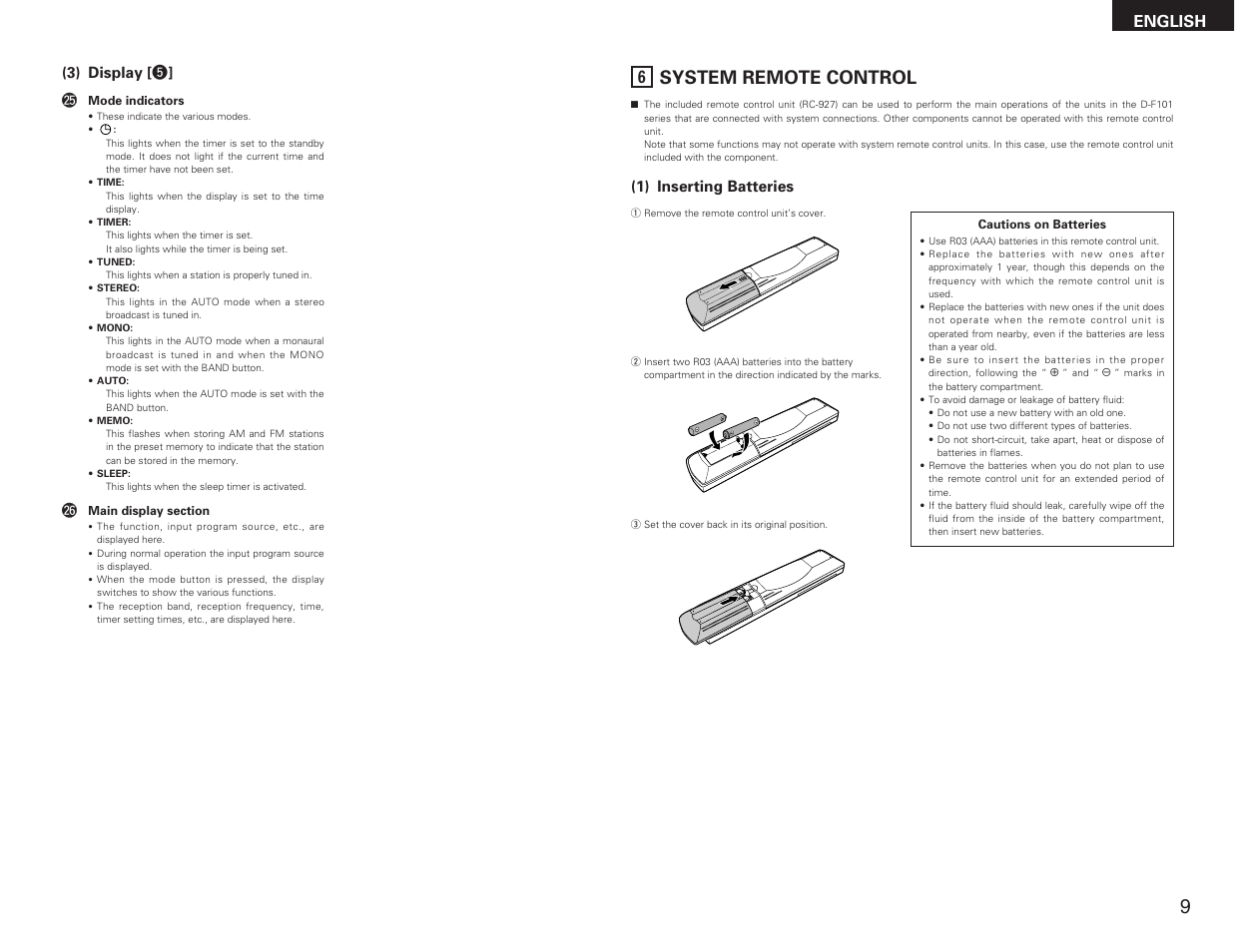 System remote control, English (3) display [ t ] @5, 1) inserting batteries  | Denon DRA-F101 User Manual | Page 9 / 37 | Original mode