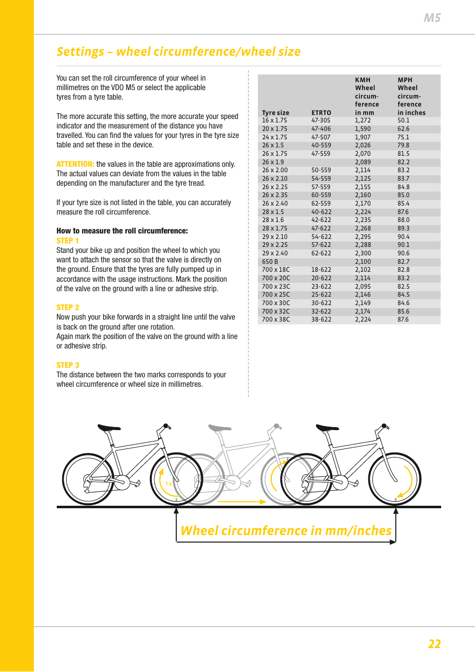 Wheel circumference in mm/inches, 22 m5, Settings – wheel circumference/ wheel size | VDO M5WL User Manual | Page 22 / 61