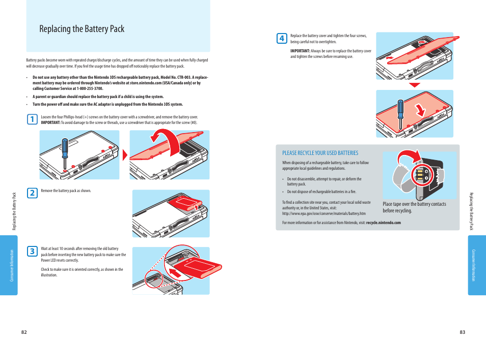 Consumer information, Replacing the battery pack | Nintendo 3DS User Manual  | Page 43 / 52 | Original mode