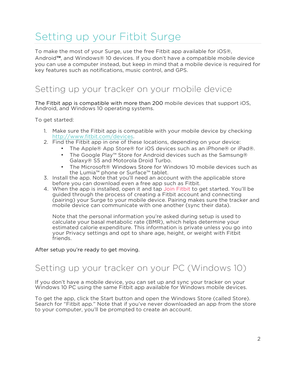 S e t t i n g u p y o u r f i t b i t s u r g e, Setting up your tracker on  your mobile device, Setting up your tracker on your pc (windows 10) | Fitbit  Surge User Manual | Page 7 / 48