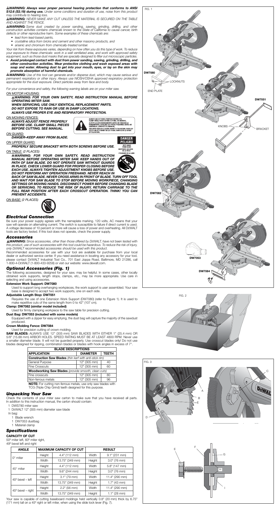 Electrical connection, Accessories, Optional accessories (fig. 1) | DeWalt  Double Bevel Sliding Compound Miter Saw DWS780 User Manual | Page 2 / 7 |  Original mode