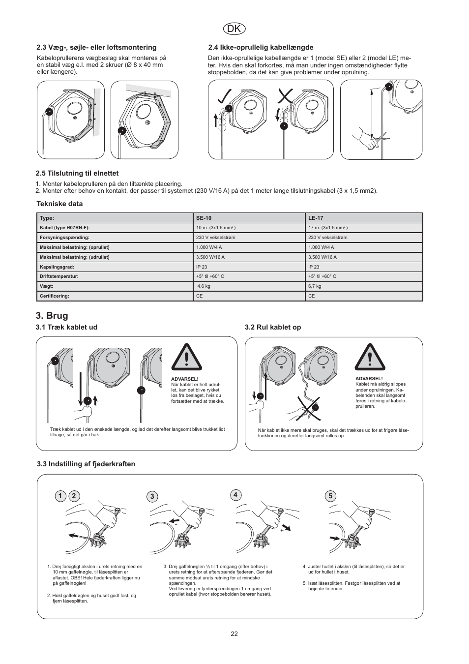 Brug, 3 væg-, søjle- eller loftsmontering, 4 ikke-oprullelig kabellængde |  CEJN Cable Reels User Manual | Page 22 / 57