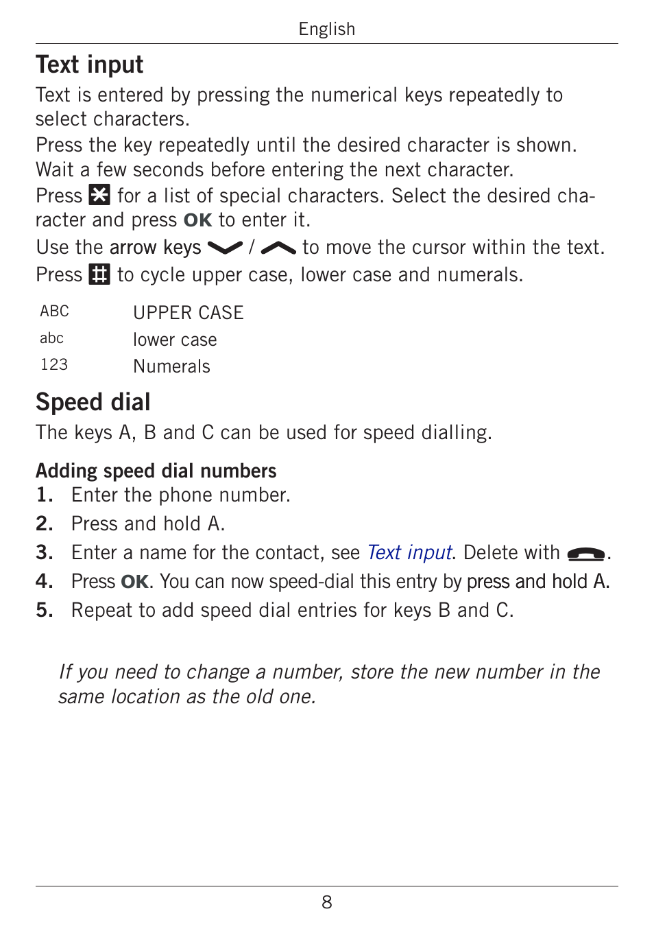Text input, Speed dial | Doro PHONEEASY 338GSM User Manual | Page 12 / 128  | Original mode