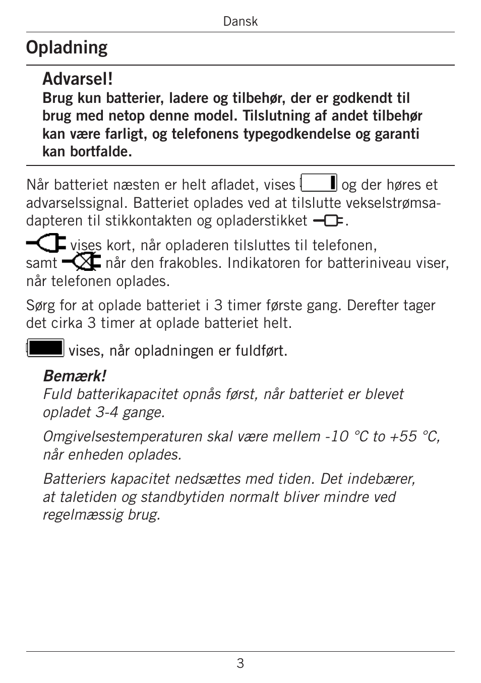 Opladning, Advarsel | Doro PHONEEASY 338GSM User Manual | Page 80 / 128