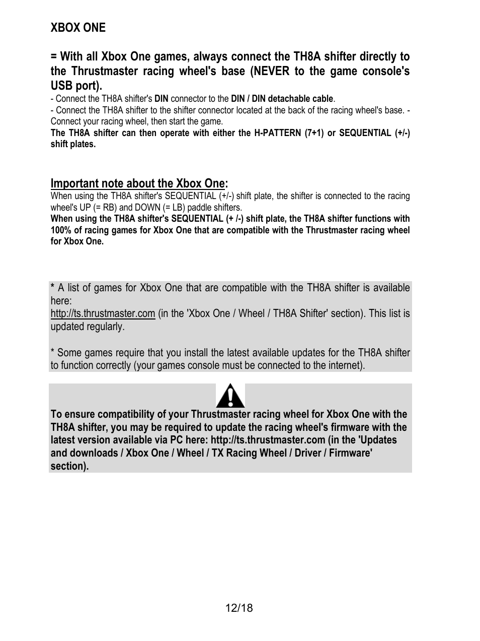 Xbox one, Important note about the xbox one | Thrustmaster TH8A Shifter  User Manual | Page 13 / 217