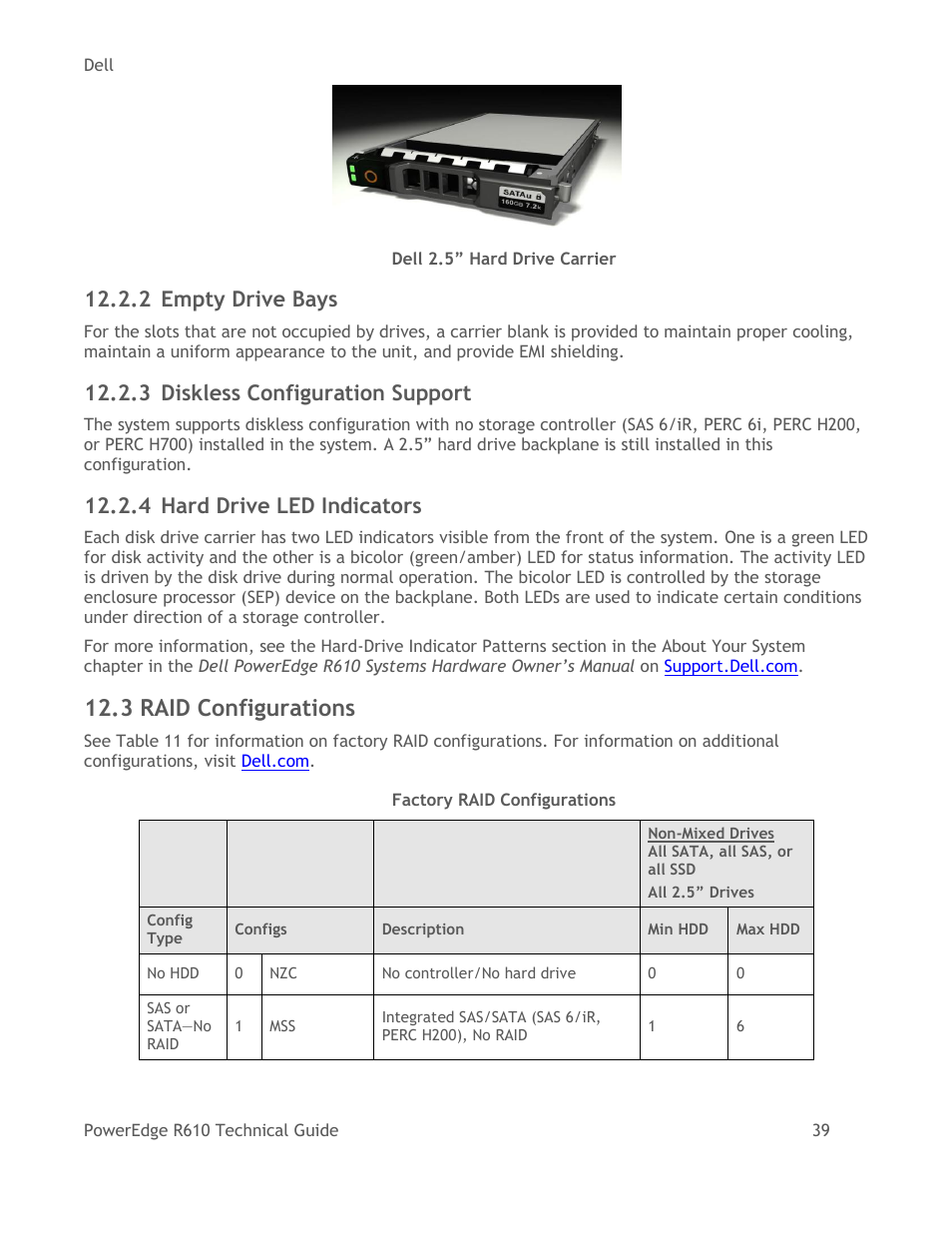Empty drive bays, Diskless configuration support, Hard drive led indicators  | Dell POWEREDGE R610 User Manual | Page 39 / 61