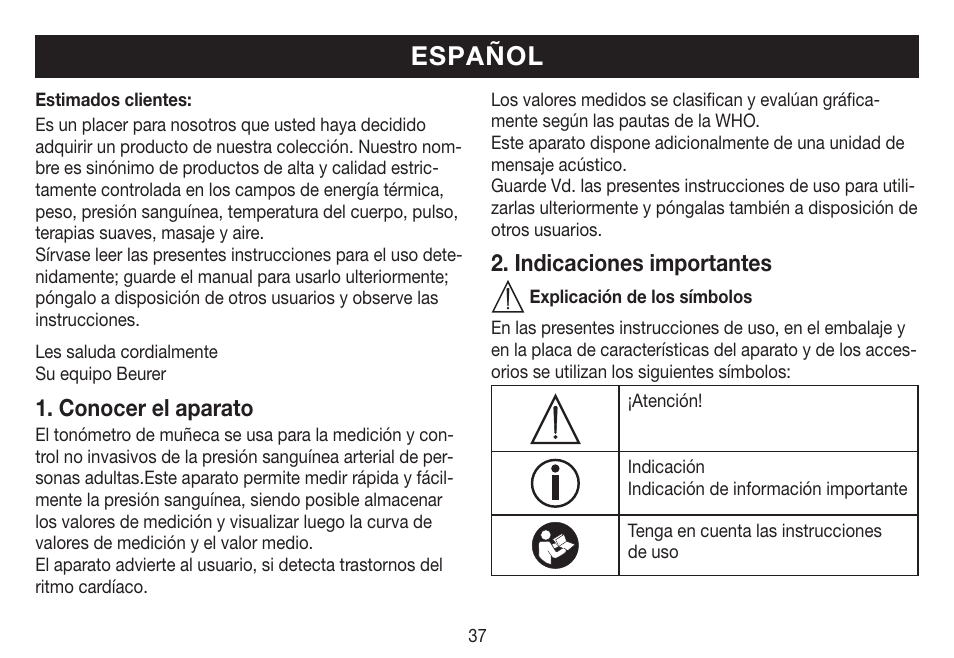 Español, Conocer el aparato, Indicaciones importantes | Beurer BC 19 User  Manual | Page 37 / 68 | Original mode