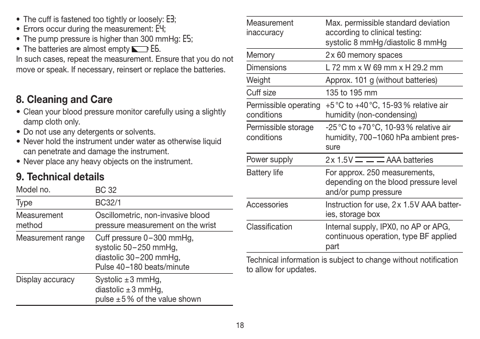 Cleaning and care, Technical details | Beurer BC 32 User Manual | Page 18 /  76