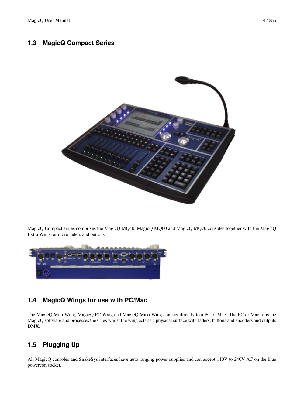 Magicq compact series, Magicq wings for use with pc/mac, Plugging up | ChamSys  MagicQ User Manual User Manual | Page 33 / 384