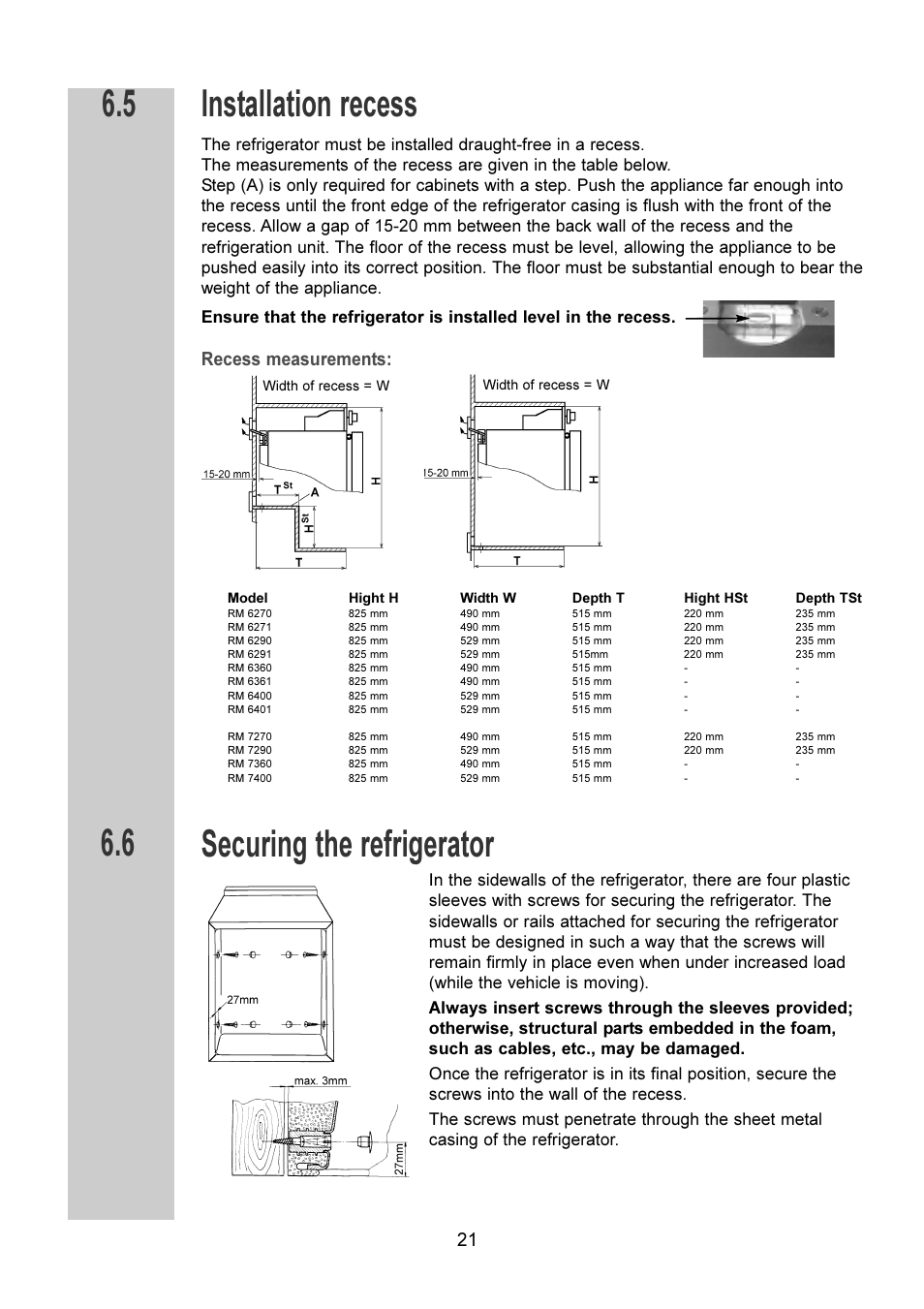 Installation recess, Securing the refrigerator, Recess measurements | Dometic  RM 6270(L) User Manual | Page 21 / 28 | Original mode