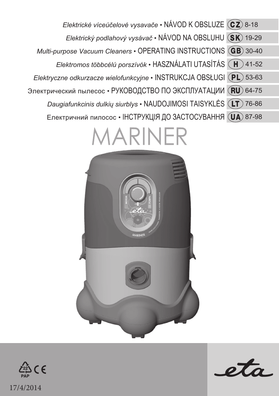 ETA Mariner bez exteronu User Manual | 100 pages | Also for: Mariner