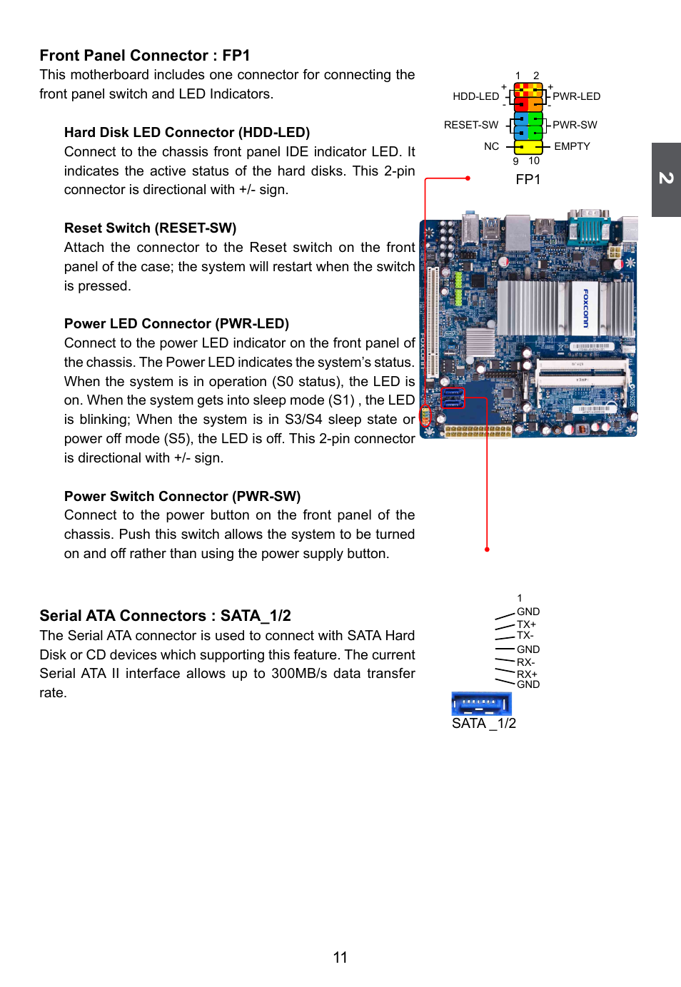Front panel connector : fp1, Serial ata connectors : sata_1/2 | Foxconn  D255 User Manual | Page 18 / 65