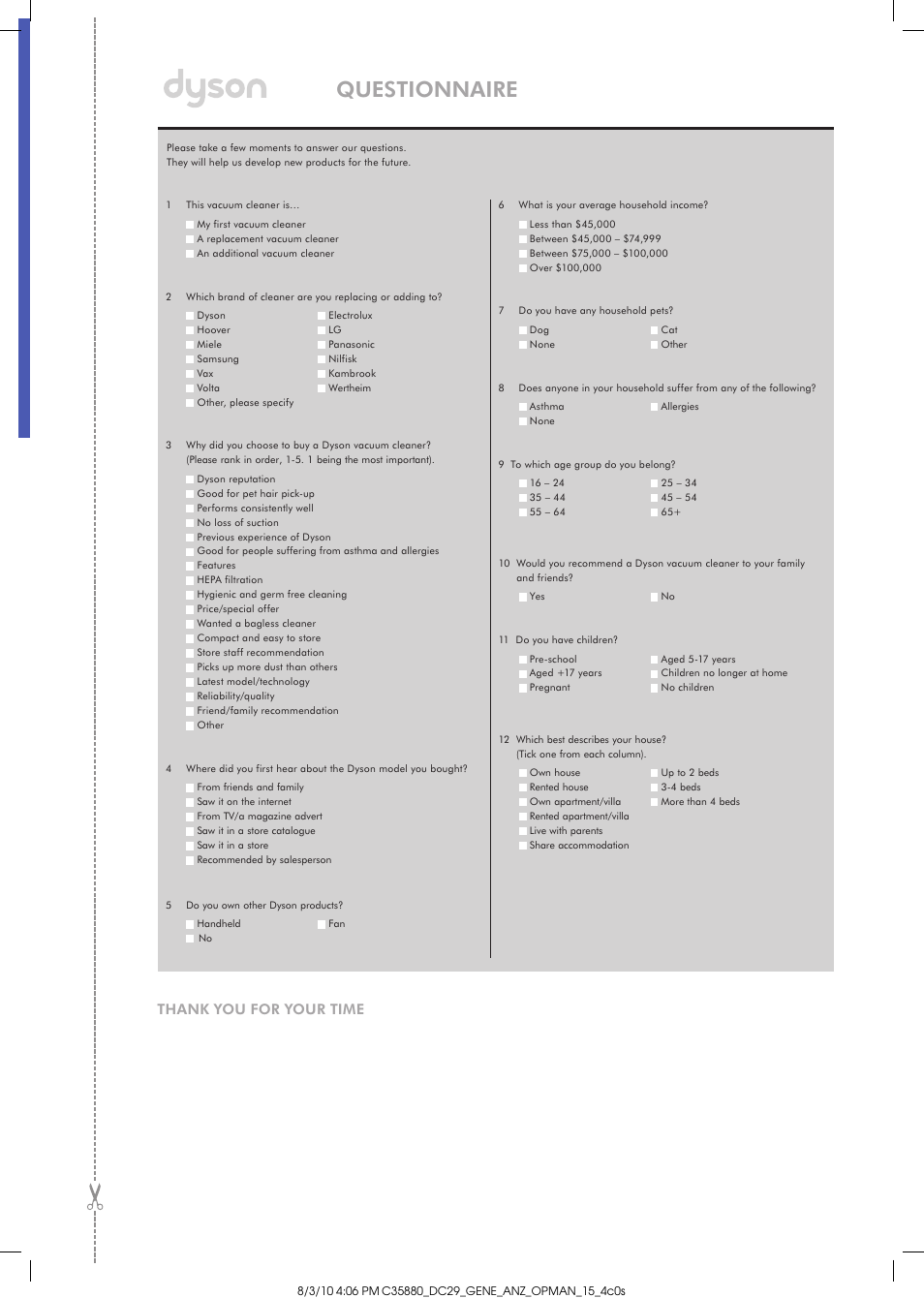 Questionnaire | DYSON DC29 User Manual | Page 11 / 12 | Original mode