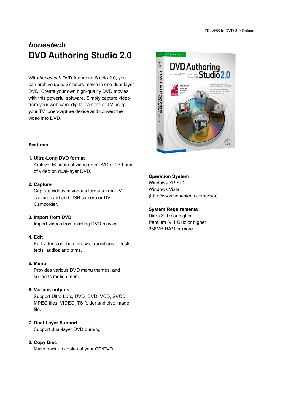 Dvd authoring studio 2.0, Honestech | Honestech VHS to DVD 3.0 Deluxe User  Manual | Page 79 / 83 | Original mode