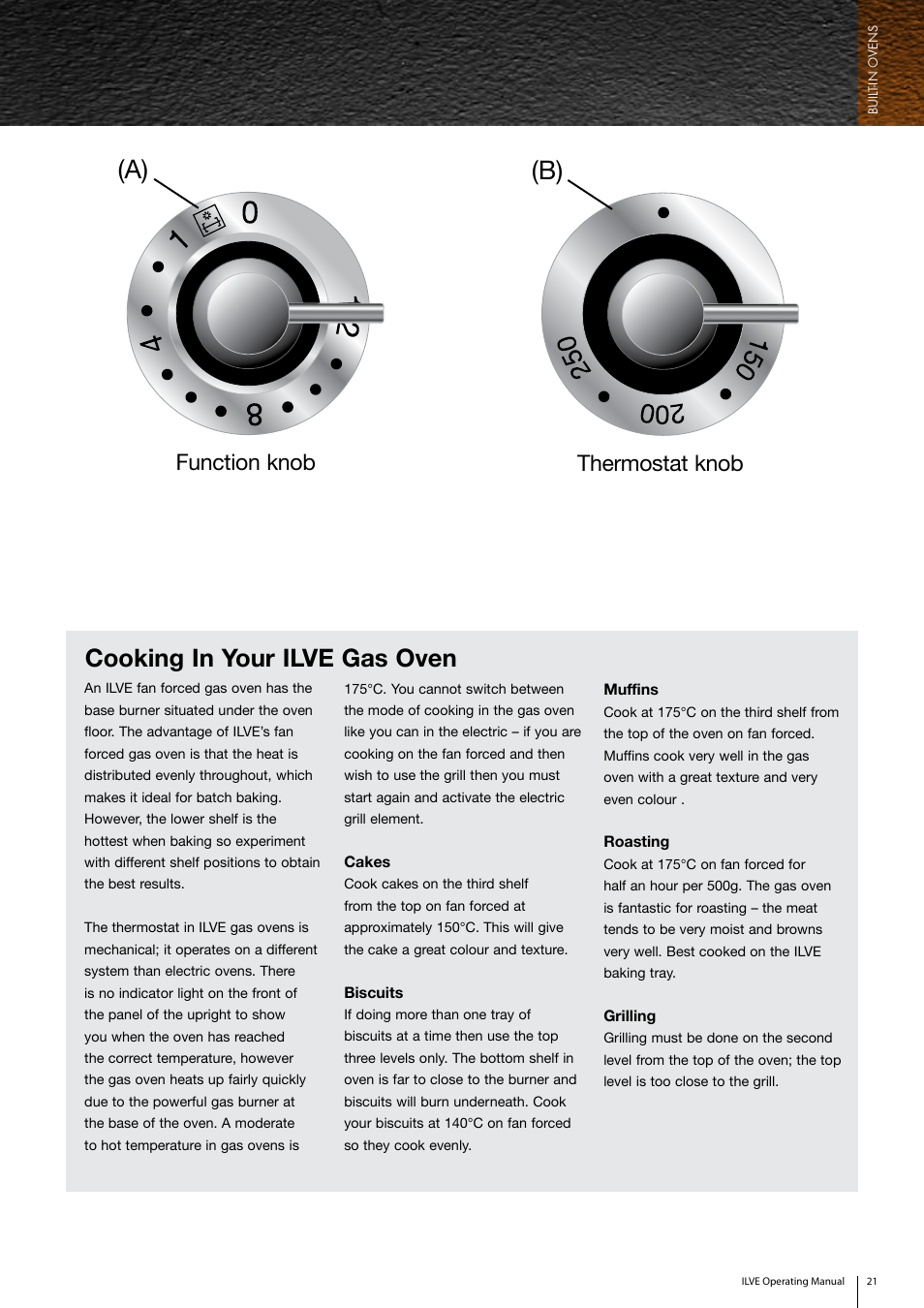Cooking in your ilve gas oven, Thermostat knob function knob | ilve  Built-in Oven User Manual | Page 21 / 40