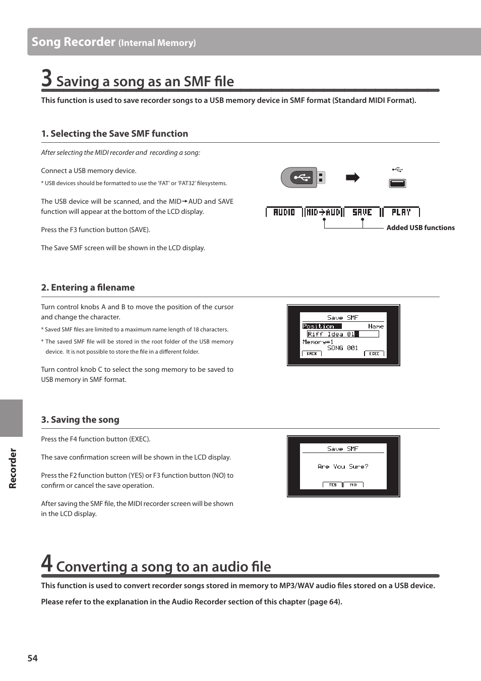 Saving a song as an smf file, Converting a song to an audio file, Song  recorder | Kawai MP10 User Manual | Page 54 / 92