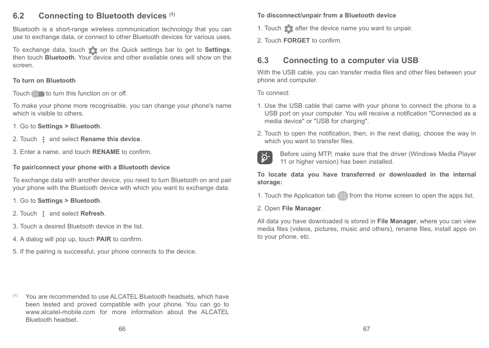 2 connecting to bluetooth devices, 3 connecting to a computer via usb | Alcatel  Pixi 4 4034 D User Manual | Page 35 / 61 | Original mode