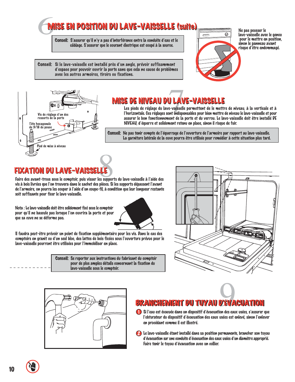 Mise en position du lave-vaisselle (suite), Mise de niveau du lave-vaisselle  | Maytag MDB6100AWB Installation User Manual | Page 10 / 16 | Original mode