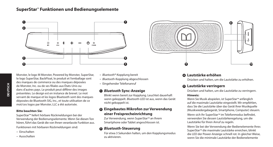 Superstar, Funktionen und bedienungselemente | Monster SuperStar BackFloat  Waterproof Bluetooth Speaker User Manual | Page 12 / 56 | Original mode