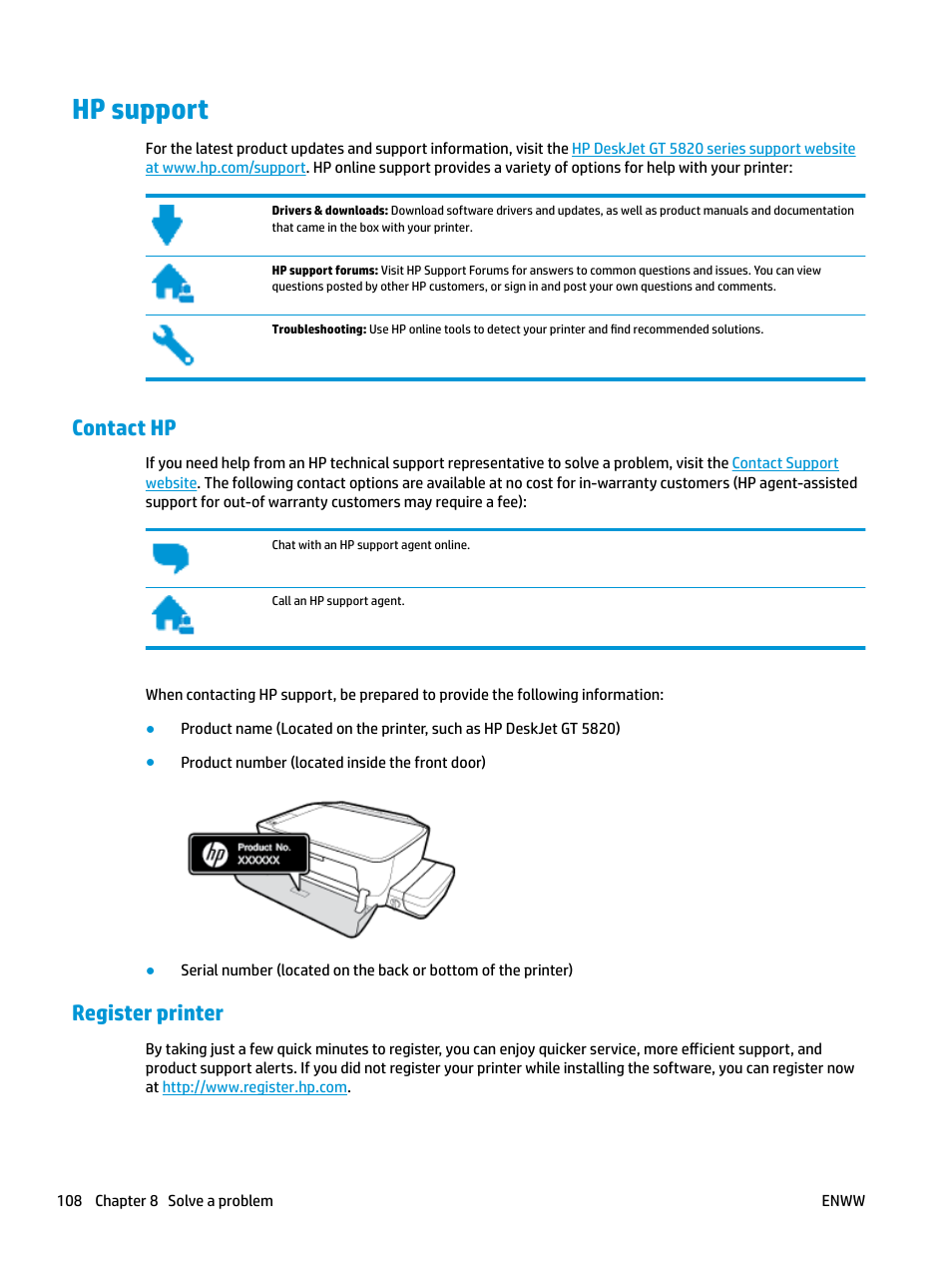 Hp support, Contact hp, Register printer | HP DeskJet GT 5820 User Manual |  Page 114 / 133