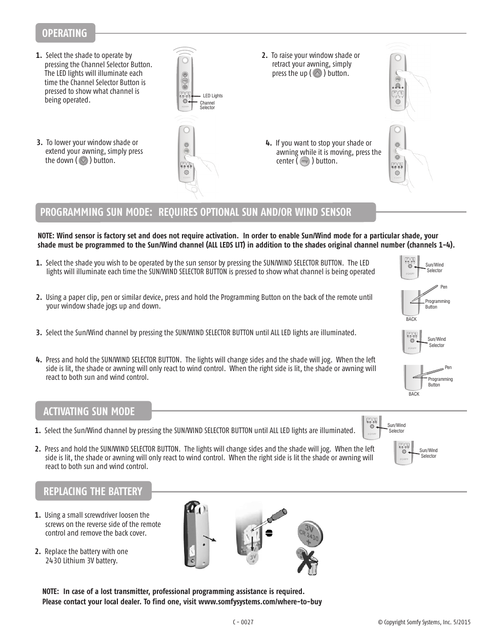 Replacing the battery, Operating, Activating sun mode | SOMFY TELIS SOLIRIS  RTS User Manual | Page 4 / 4 | Original mode