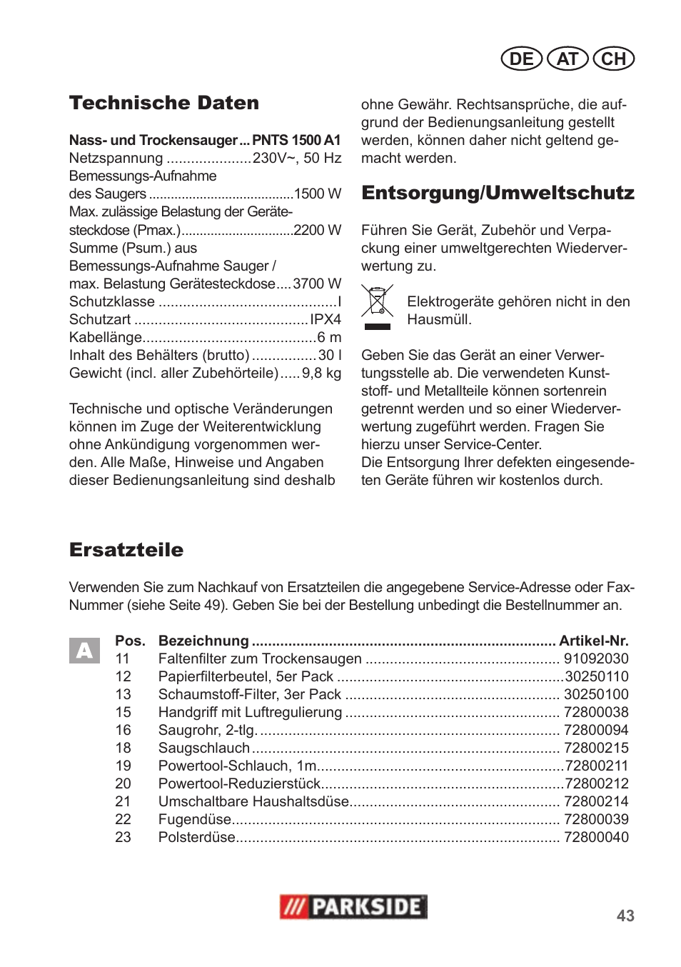 Technische daten, Entsorgung/umweltschutz, Ersatzteile | Parkside PNTS 1500  A1 User Manual | Page 43 / 50 | Original mode