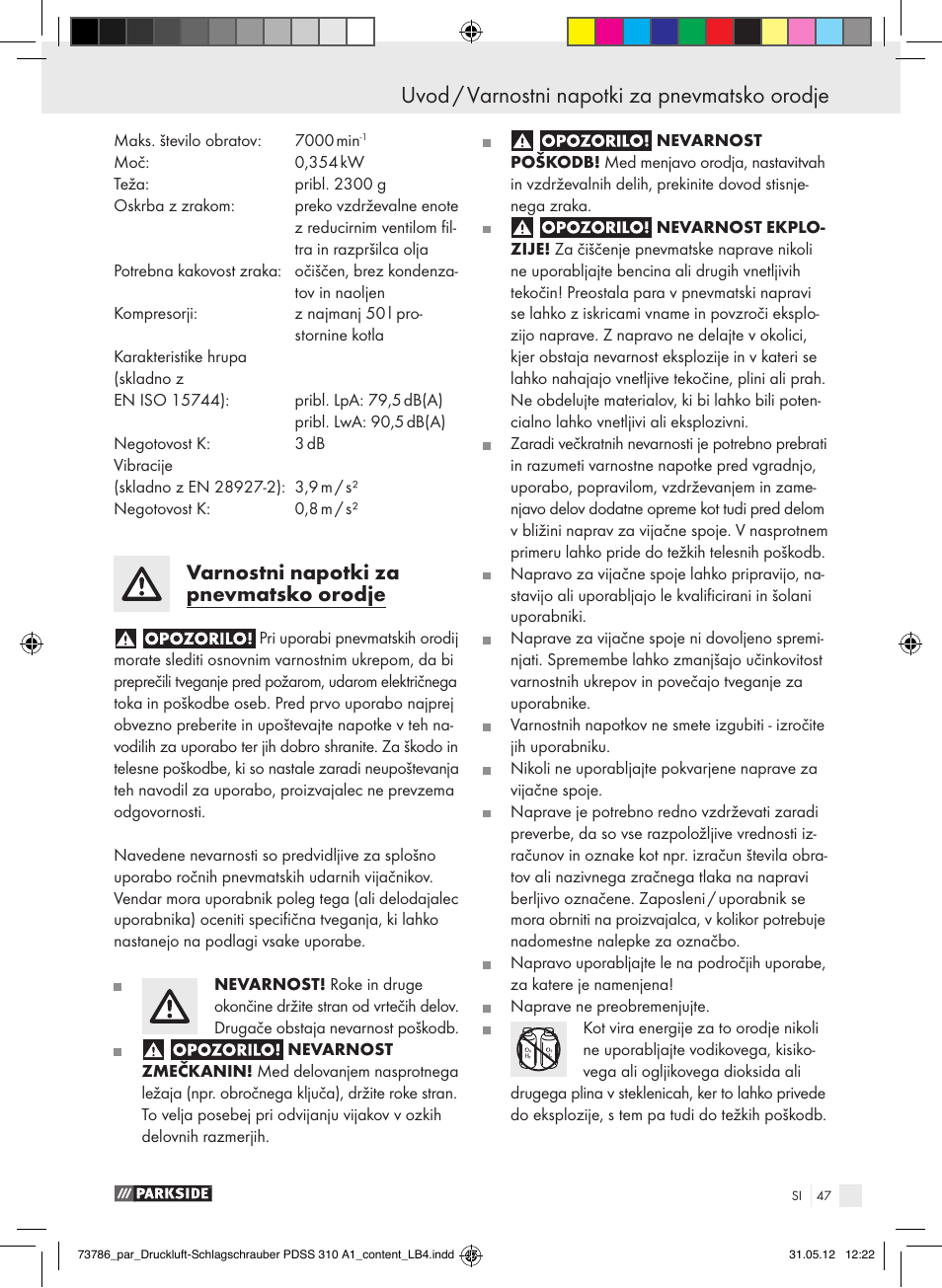 Uvod / varnostni napotki za pnevmatsko orodje uvod, Varnostni napotki za pnevmatsko  orodje | Parkside PDSS 310 A1 User Manual | Page 47 / 98 | Original mode