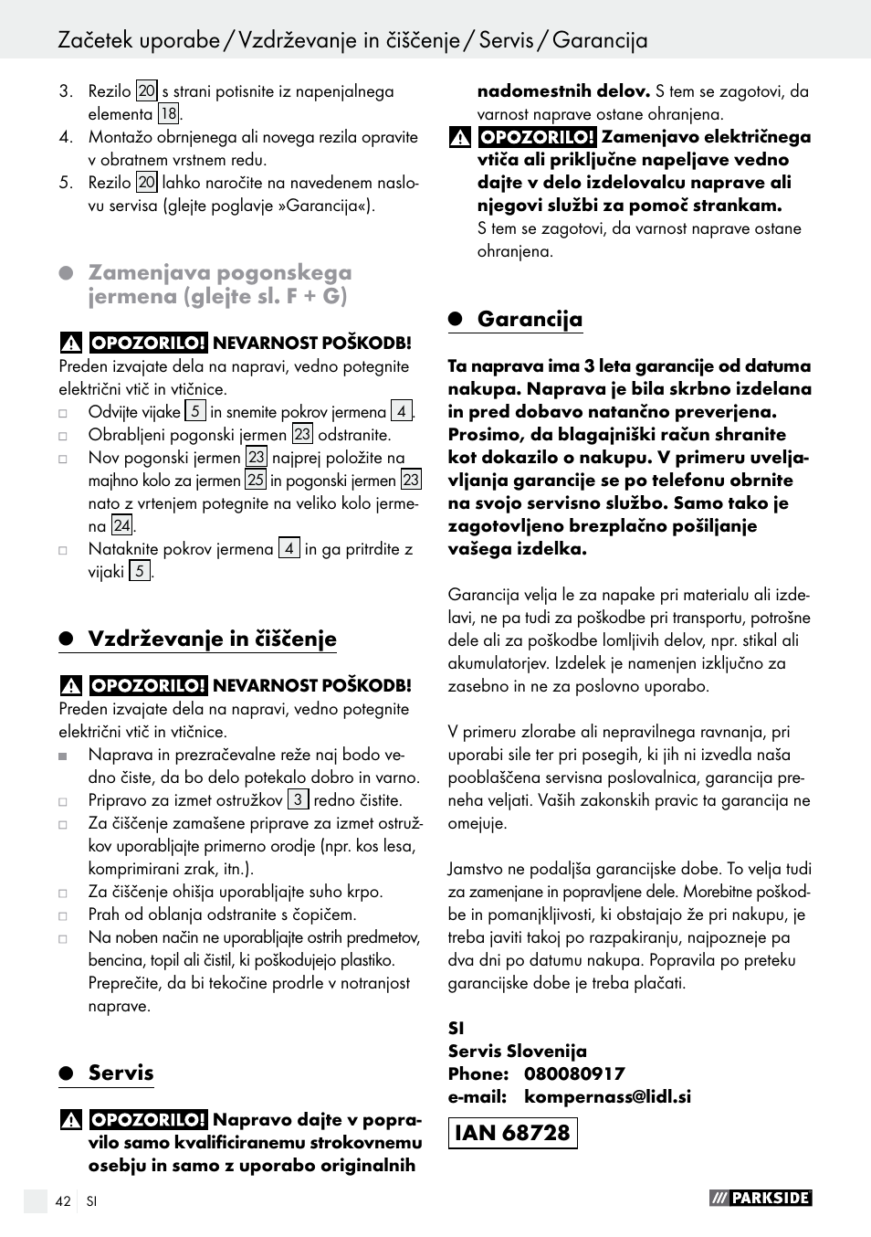 Zamenjava pogonskega jermena (glejte sl. f + g), Vzdrževanje in čiščenje,  Servis | Parkside PEH 30 A1 User Manual | Page 42 / 75 | Original mode