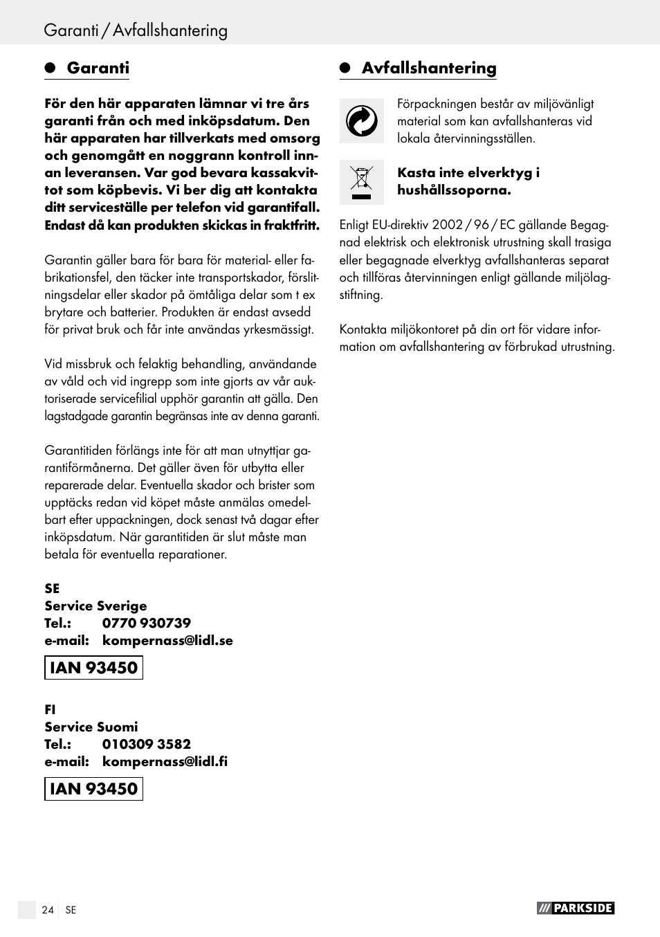 Garanti / avfallshantering, Konformitetsdeklaration / tillverkarintyg |  Parkside PHET 15 A1 User Manual | Page 24 / 58