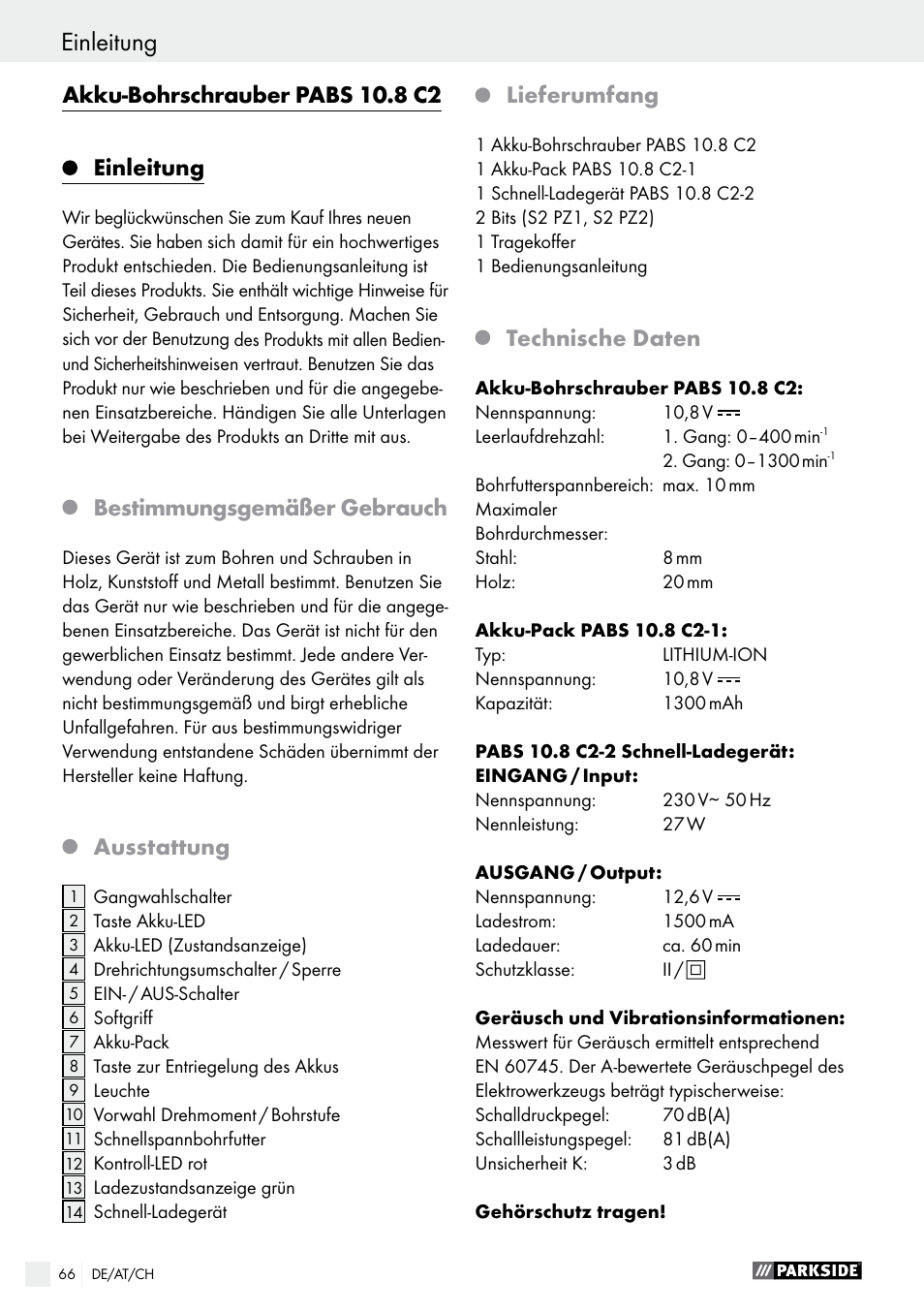 Einleitung, Akku-bohrschrauber pabs 10.8 c2, Bestimmungsgemäßer gebrauch |  Parkside PABS 10.8 C2 User Manual | Page 66 / 75 | Original mode