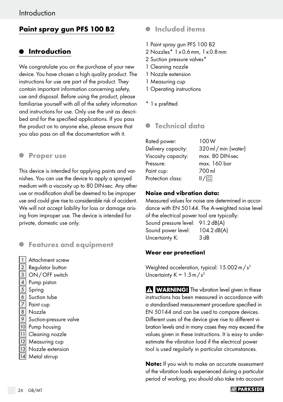 Paint spray gun pfs 100 b2, Introduction, Proper use | Parkside PFS 100 B2  User Manual | Page 26 / 42 | Original mode