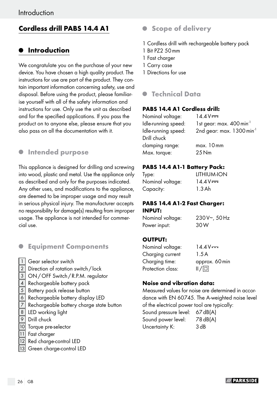 Introduction, Cordless drill pabs 14.4 a1, Intended purpose | Parkside PABS  14.4 A1 User Manual | Page 26 / 34 | Original mode