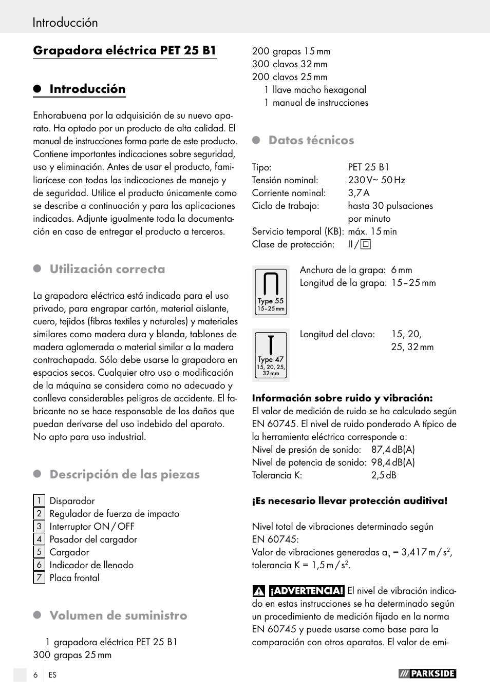 Grapadora eléctrica pet 25 b1, Introducción, Utilización correcta | Parkside  PET 25 B1 User Manual | Page 6 / 45