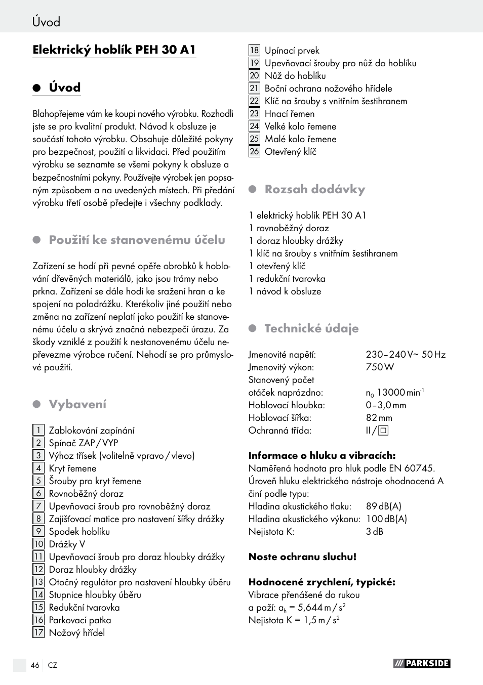 Elektrický hoblík peh 30 a1, Úvod, Použití ke stanovenému účelu | Parkside  PEH 30 A1 User Manual | Page 46 / 75 | Original mode