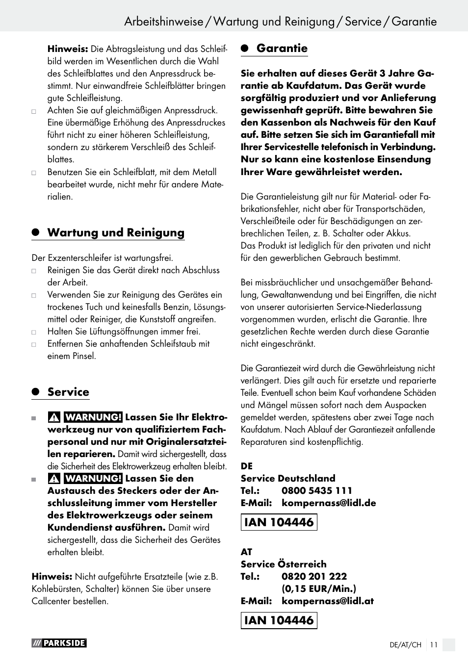 Wartung und reinigung, Service, Garantie | Parkside PEXS 270 A1 User Manual  | Page 11 / 37 | Original mode
