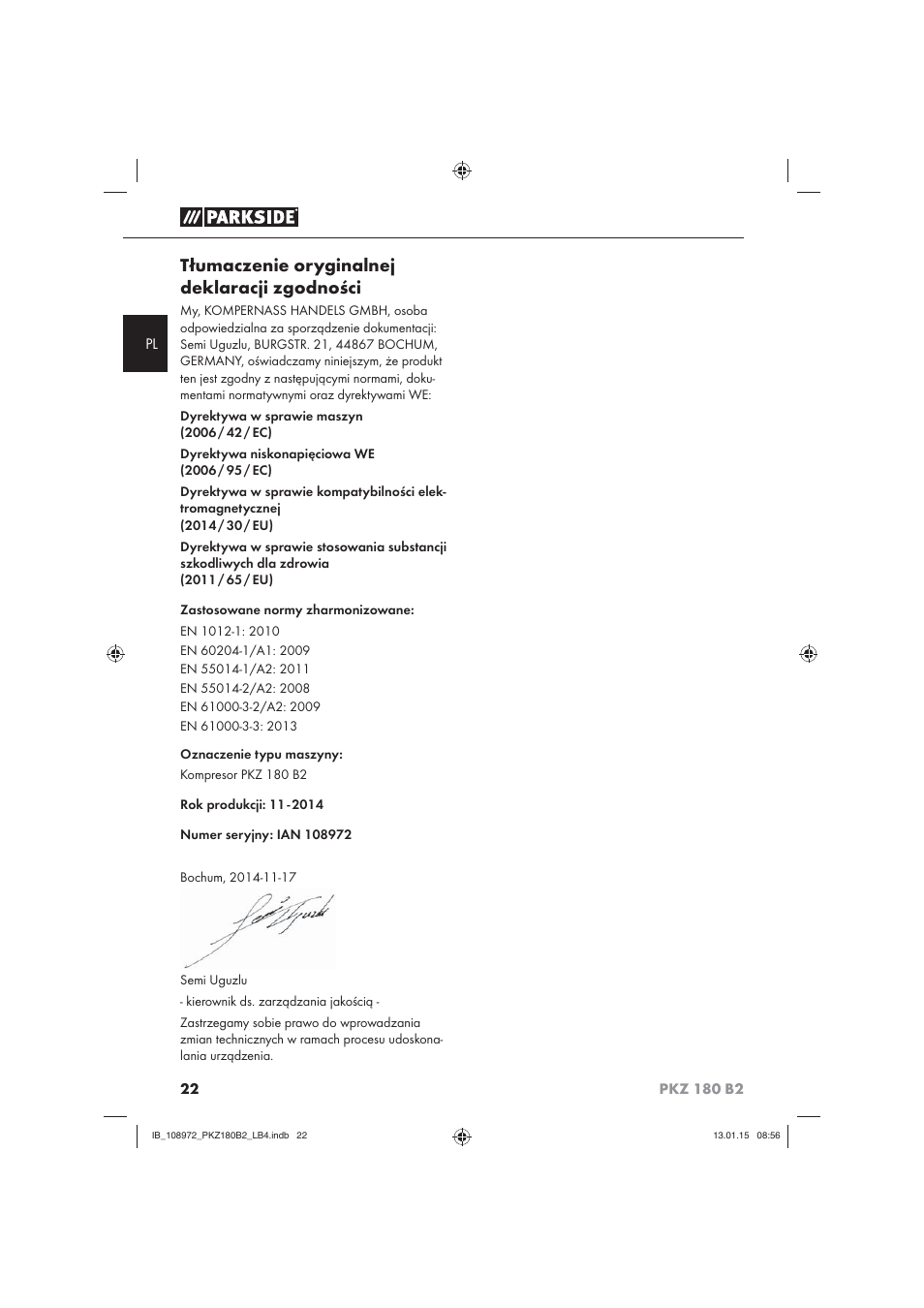 Tłumaczenie oryginalnej deklaracji zgodności | Parkside PKZ 180 B2 User  Manual | Page 25 / 80 | Original mode