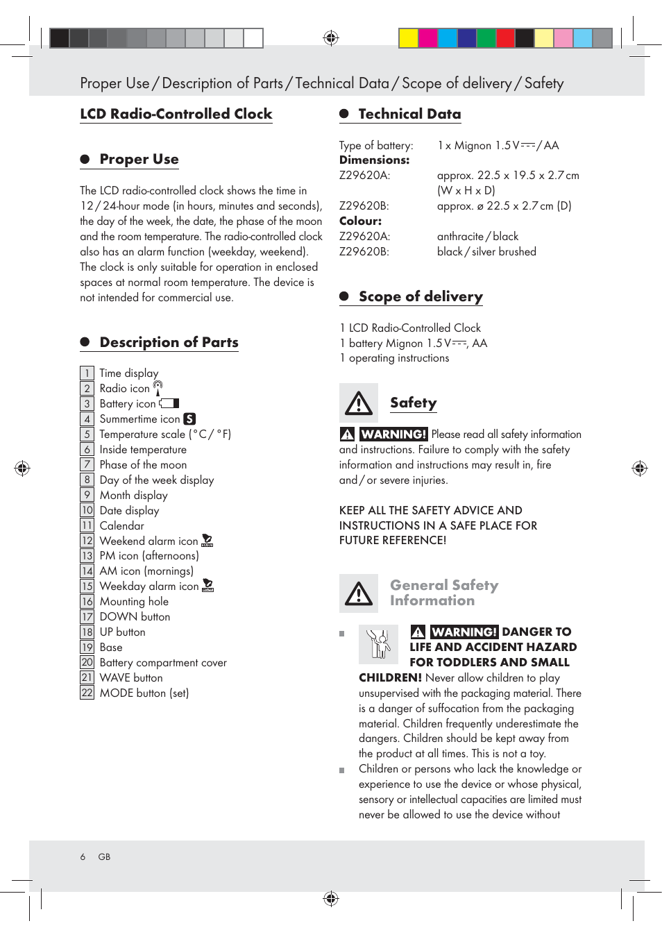 Lcd radio-controlled clock proper use, Description of parts, Technical data  | Auriol Z29620A_B User Manual | Page 6 / 65